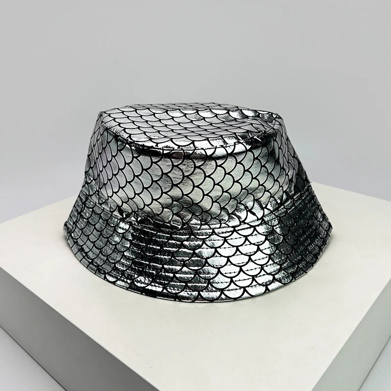 Chrome Silver chrome silver metallic mermaid scale bucket hat