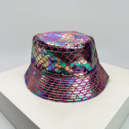 Cosmic Rose pink and purple holographic mermaid scale bucket hat