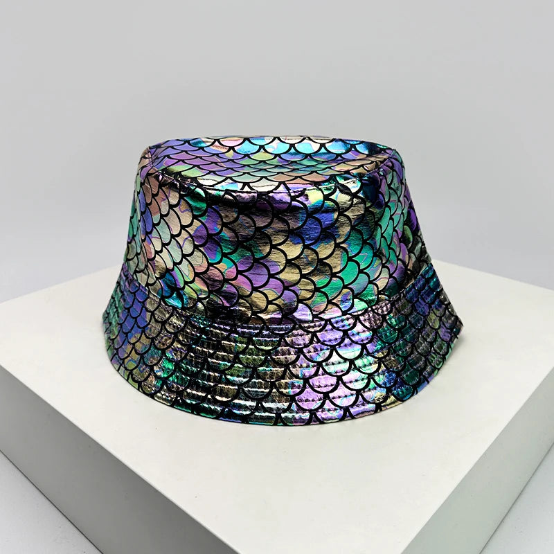 Oil Slick dark oil-slick holographic mermaid scale bucket hat