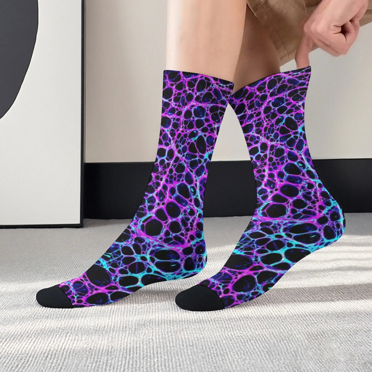 Electric purple and blue cyber print socks worn