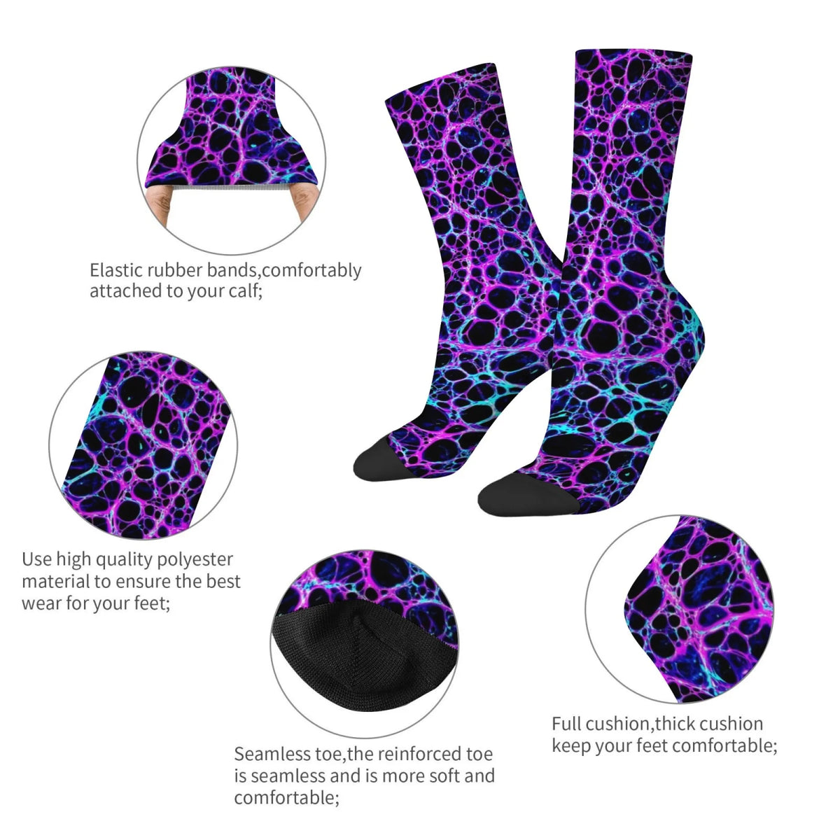Neon plasma sock details – elastic cuff, soft knit and cushioned toe