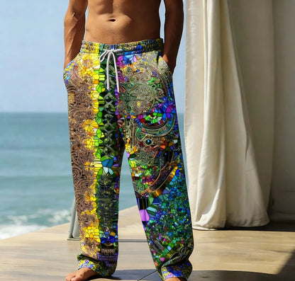 Acid Garden yellow stripe psychedelic garden print wide-leg festival pants