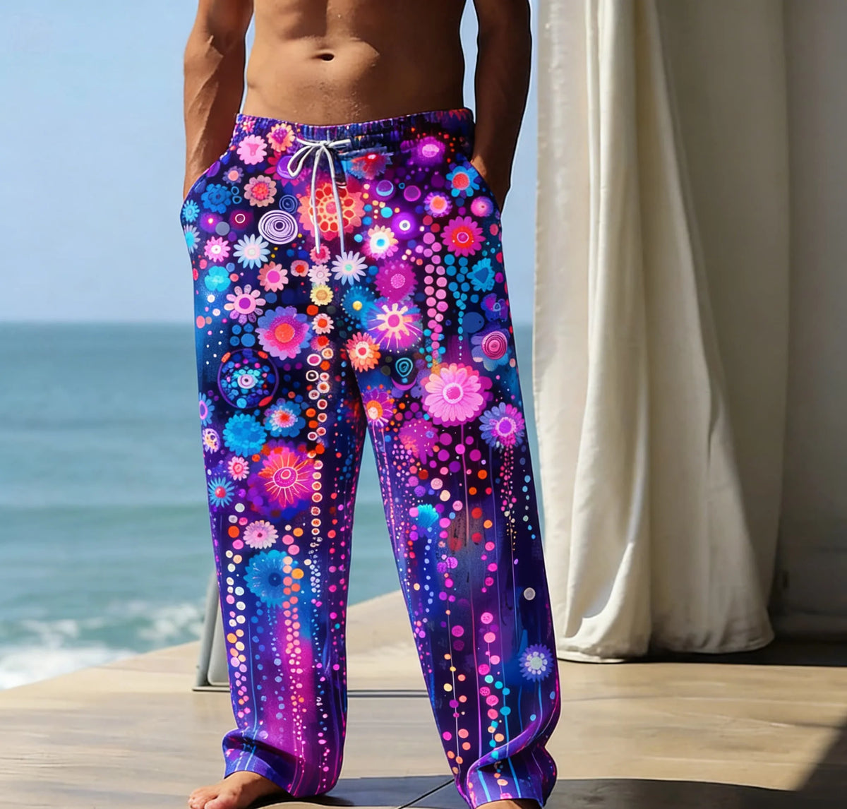 Cosmic Bloom purple and pink cosmic floral print wide-leg festival pants