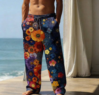 Midnight Garden dark navy with bright flowers print wide-leg festival pants
