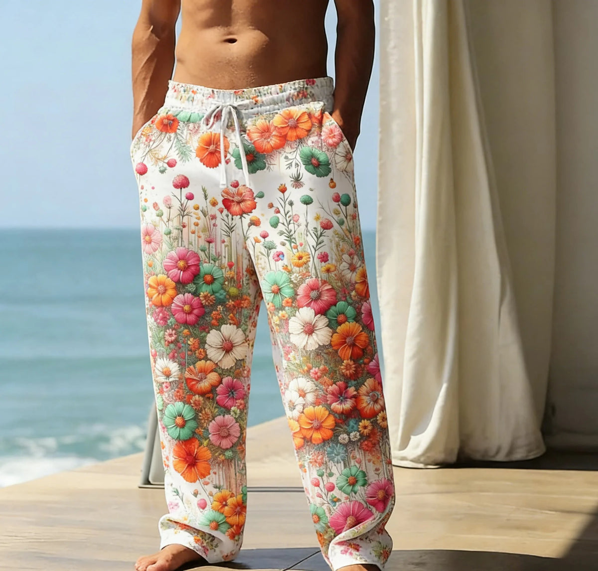 Petal Cream cream with coral flowers print wide-leg festival pants