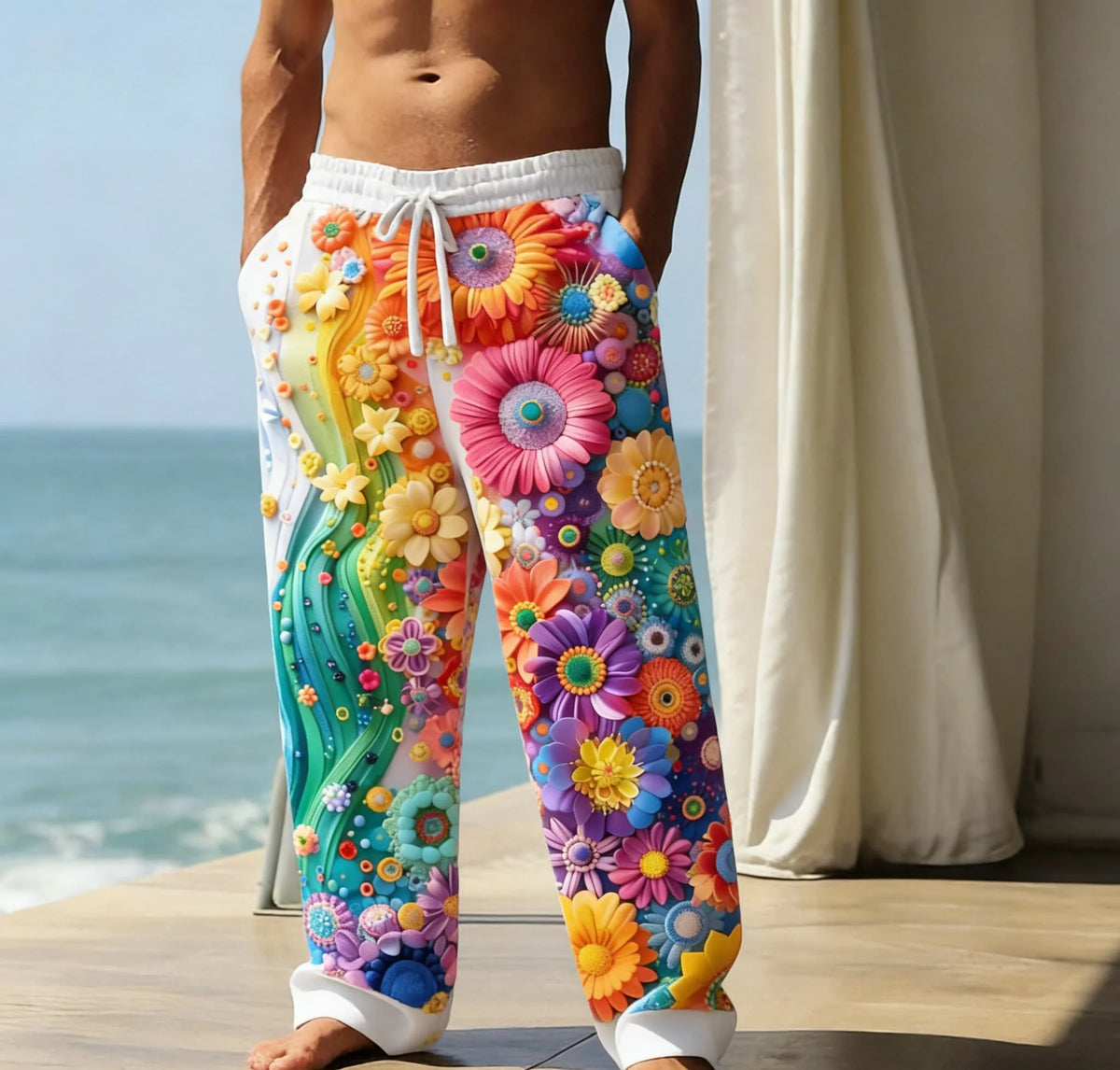 Rainbow Bloom rainbow 3D floral print wide-leg festival pants