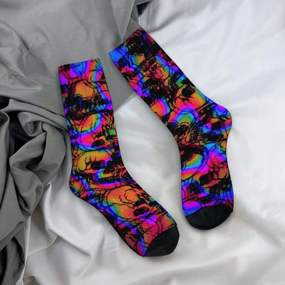 Psychedelic rainbow skull print crew socks laid flat