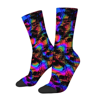 Side view of psychedelic skull crew socks