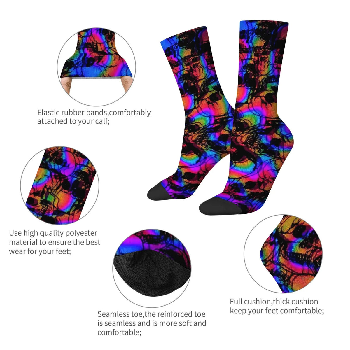Skull sock details – elastic cuff, soft knit and reinforced toe