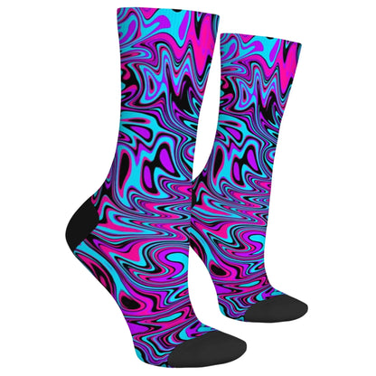 Side view of psychedelic liquid print crew socks