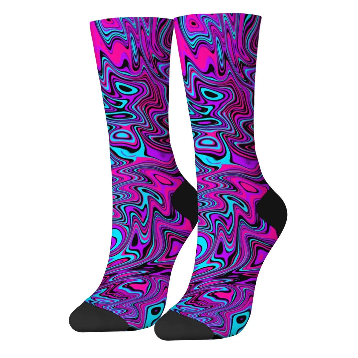 Front view of purple pink and blue swirl socks