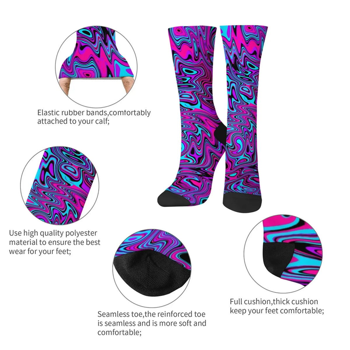 Swirl sock details – elastic cuff, soft fabric and cushioned toe