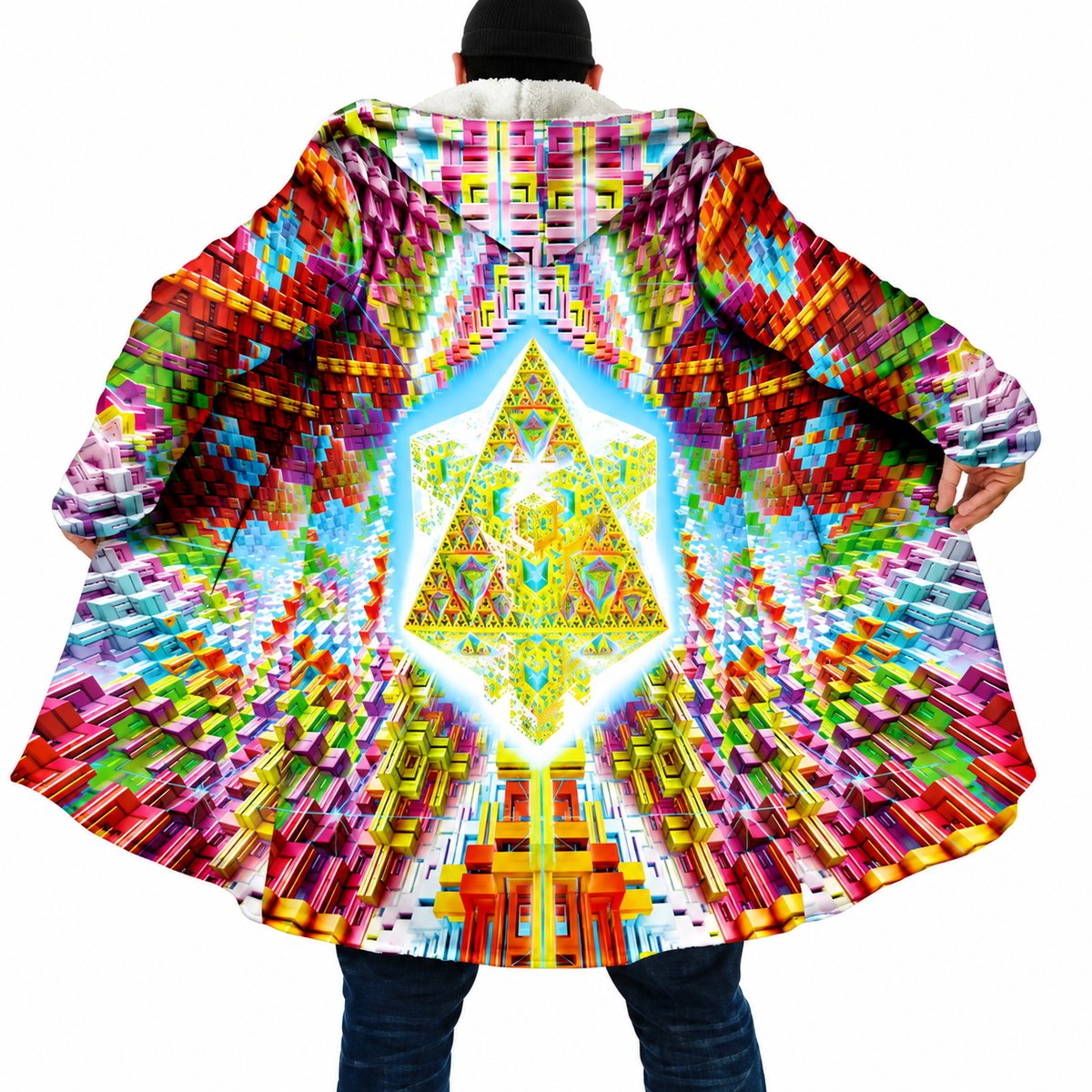 Psychedelic Mandala Hooded Cloak – Men’s Winter Fleece Cape Coat