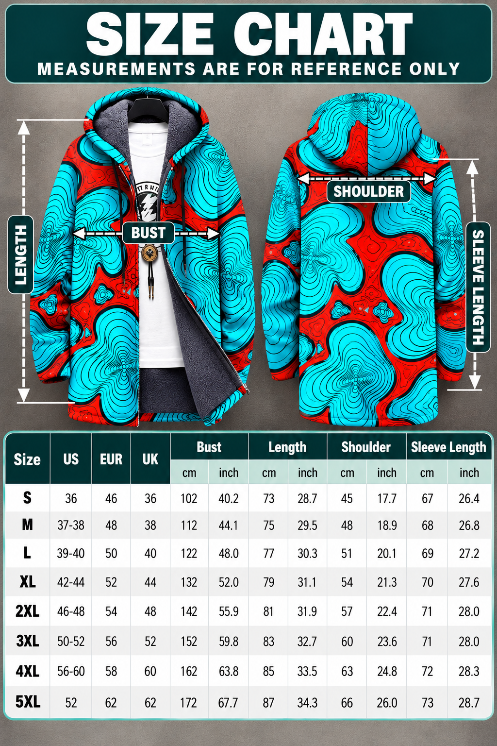 Unisex Psychedelic Print Hooded Cardigan Coat – Long Thick Warm Zip-Up Festival Jacket | 9 Styles