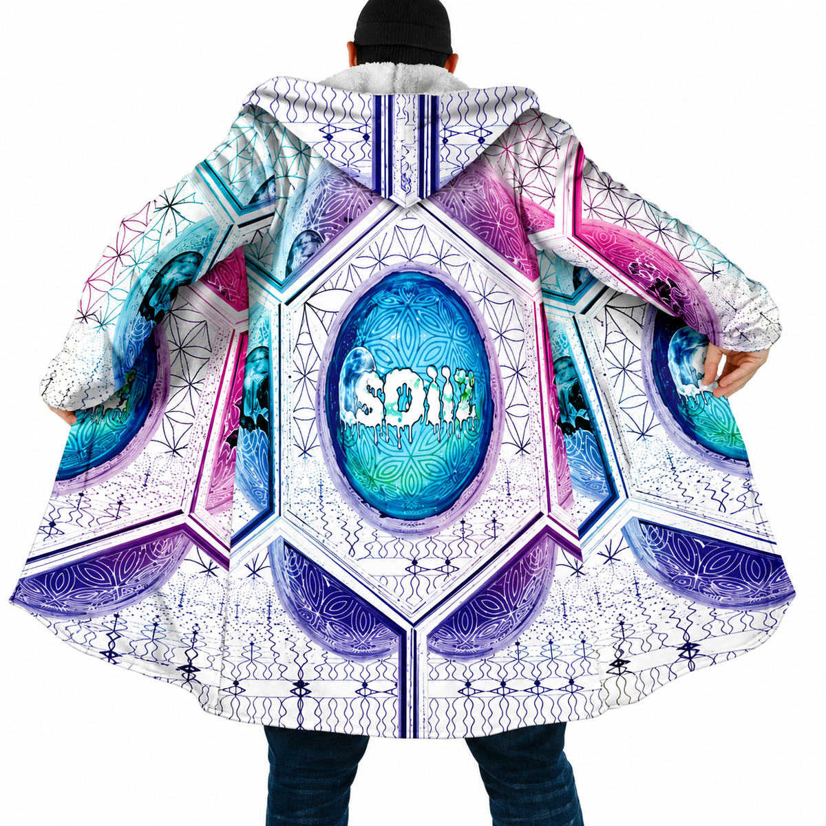 Psychedelic Mandala Hooded Cloak – Men’s Winter Fleece Cape Coat