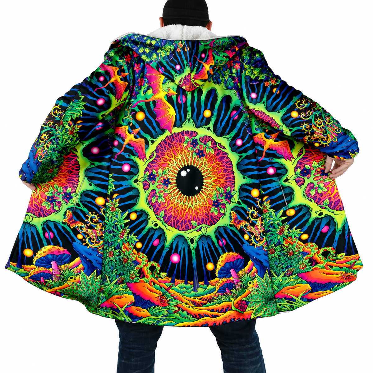 Psychedelic Mandala Hooded Cloak – Men’s Winter Fleece Cape Coat