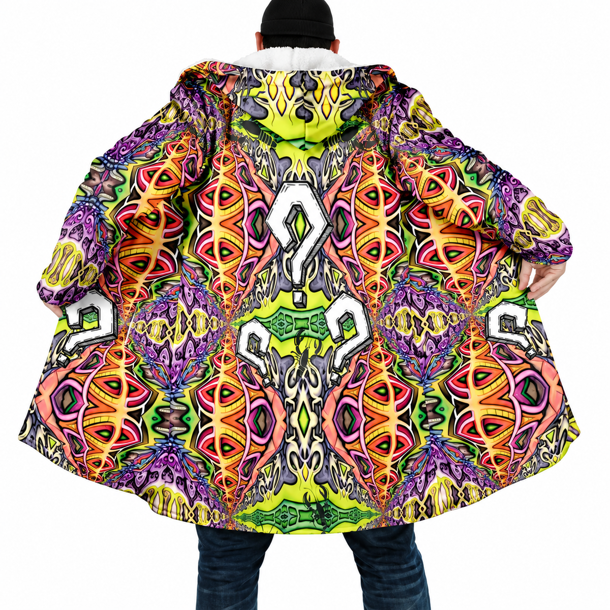 Psychedelic Mandala Hooded Cloak – Men’s Winter Fleece Cape Coat