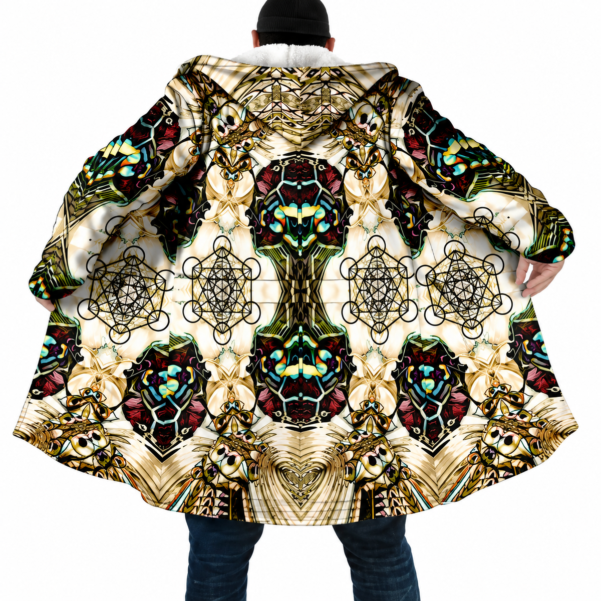 Psychedelic Mandala Hooded Cloak – Men’s Winter Fleece Cape Coat