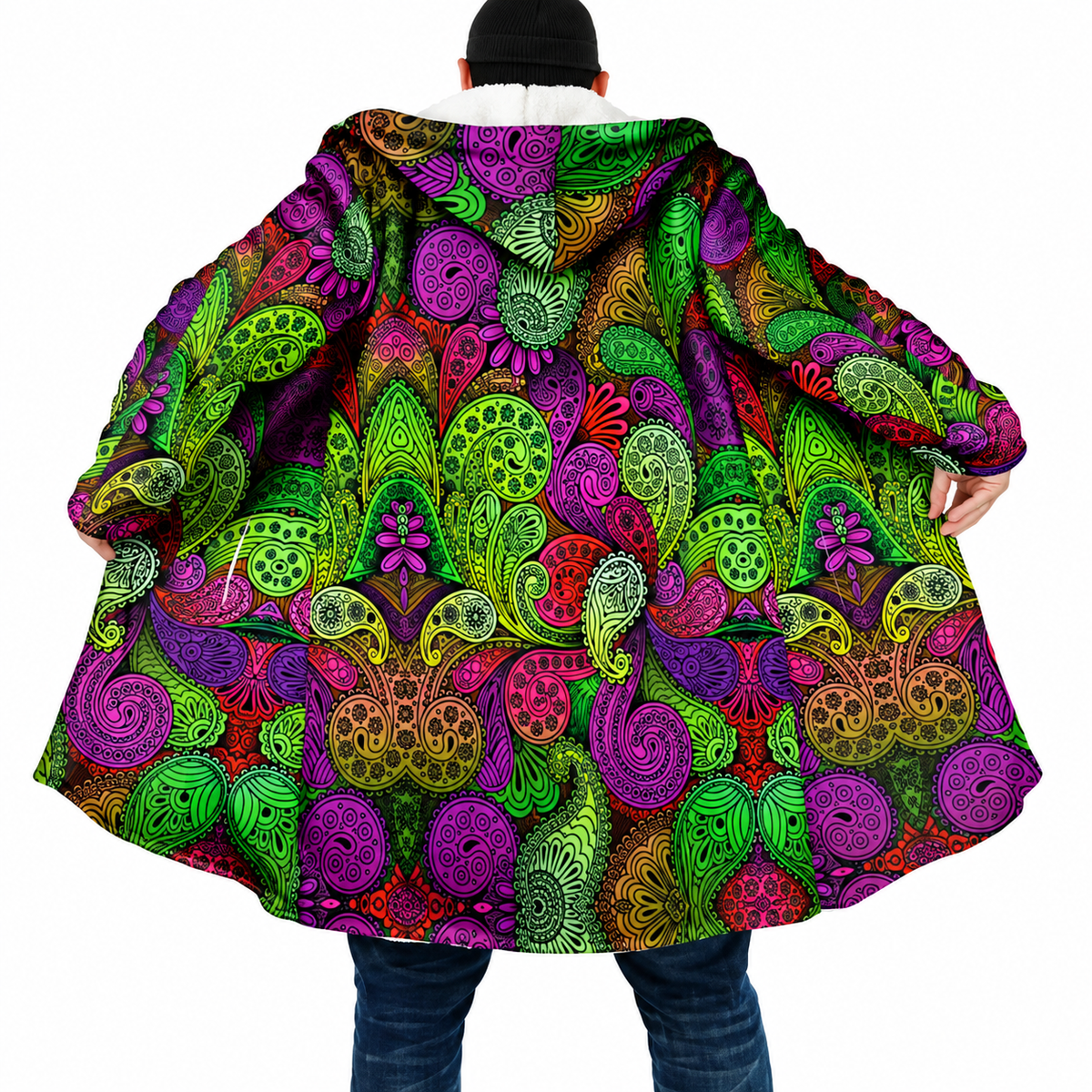 Psychedelic Mandala Hooded Cloak – Men’s Winter Fleece Cape Coat
