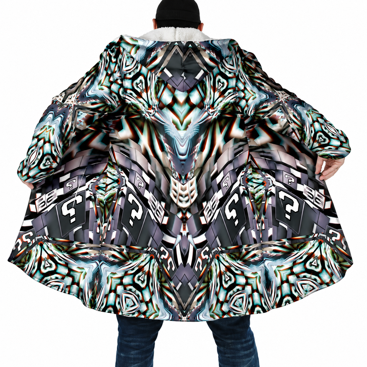 Psychedelic Mandala Hooded Cloak – Men’s Winter Fleece Cape Coat