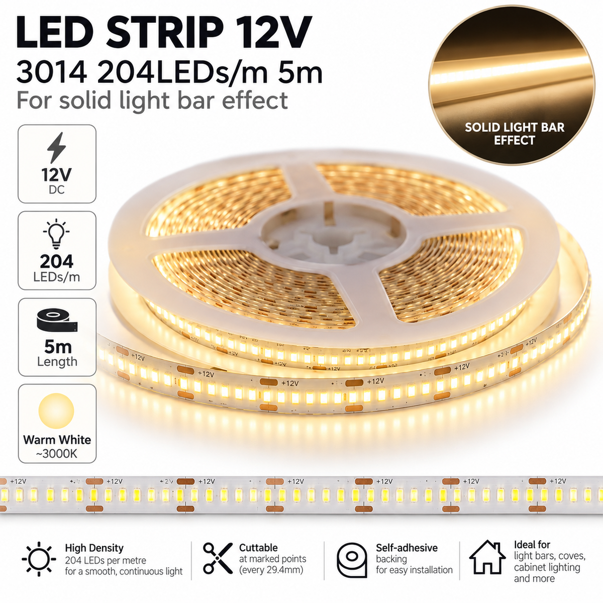 LED Strip 12V 3014 204LEDs/m 5m - for solid light bar effect