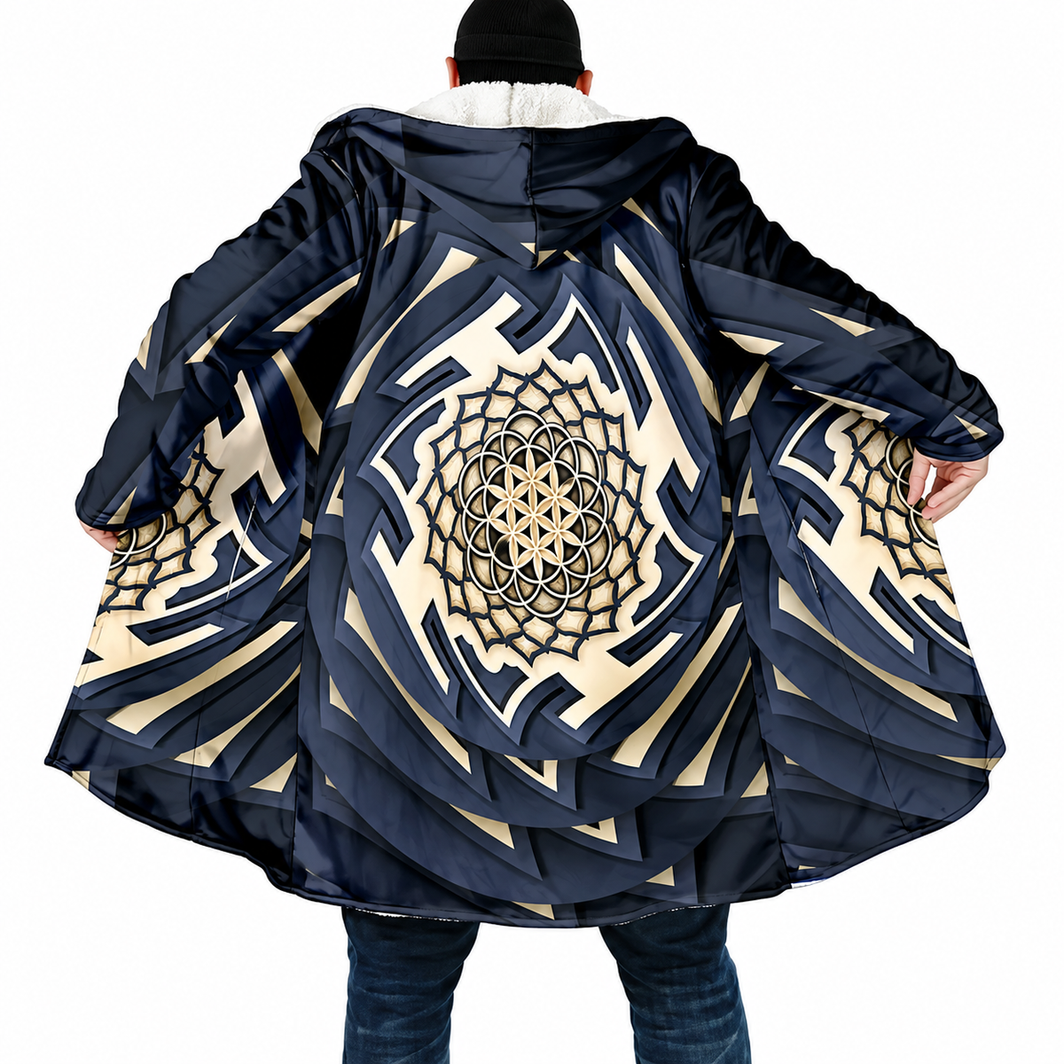 Psychedelic Mandala Hooded Cloak – Men’s Winter Fleece Cape Coat