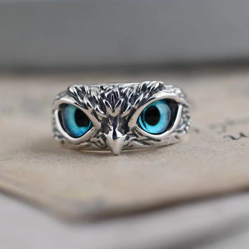 Silver Blue Eye Owl Ring Adjustable Gift (Woman's & Men's Jewellery)