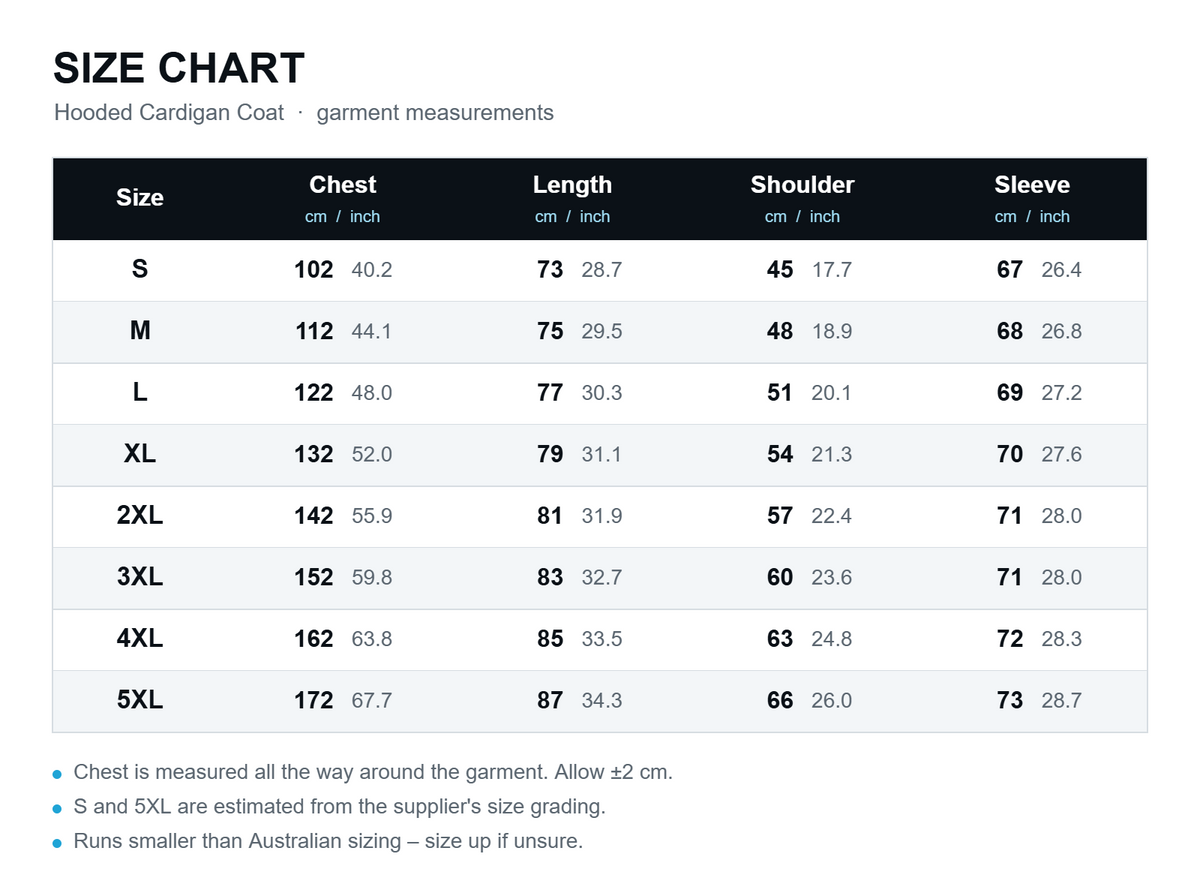 Size chart – hooded cardigan coat, sizes S to 5XL