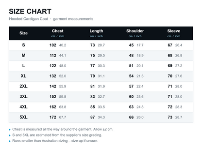 Size chart – hooded cardigan coat, sizes S to 5XL