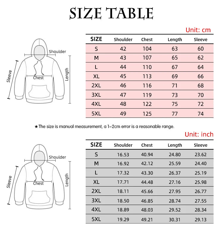 Size chart – women's pullover hoodie