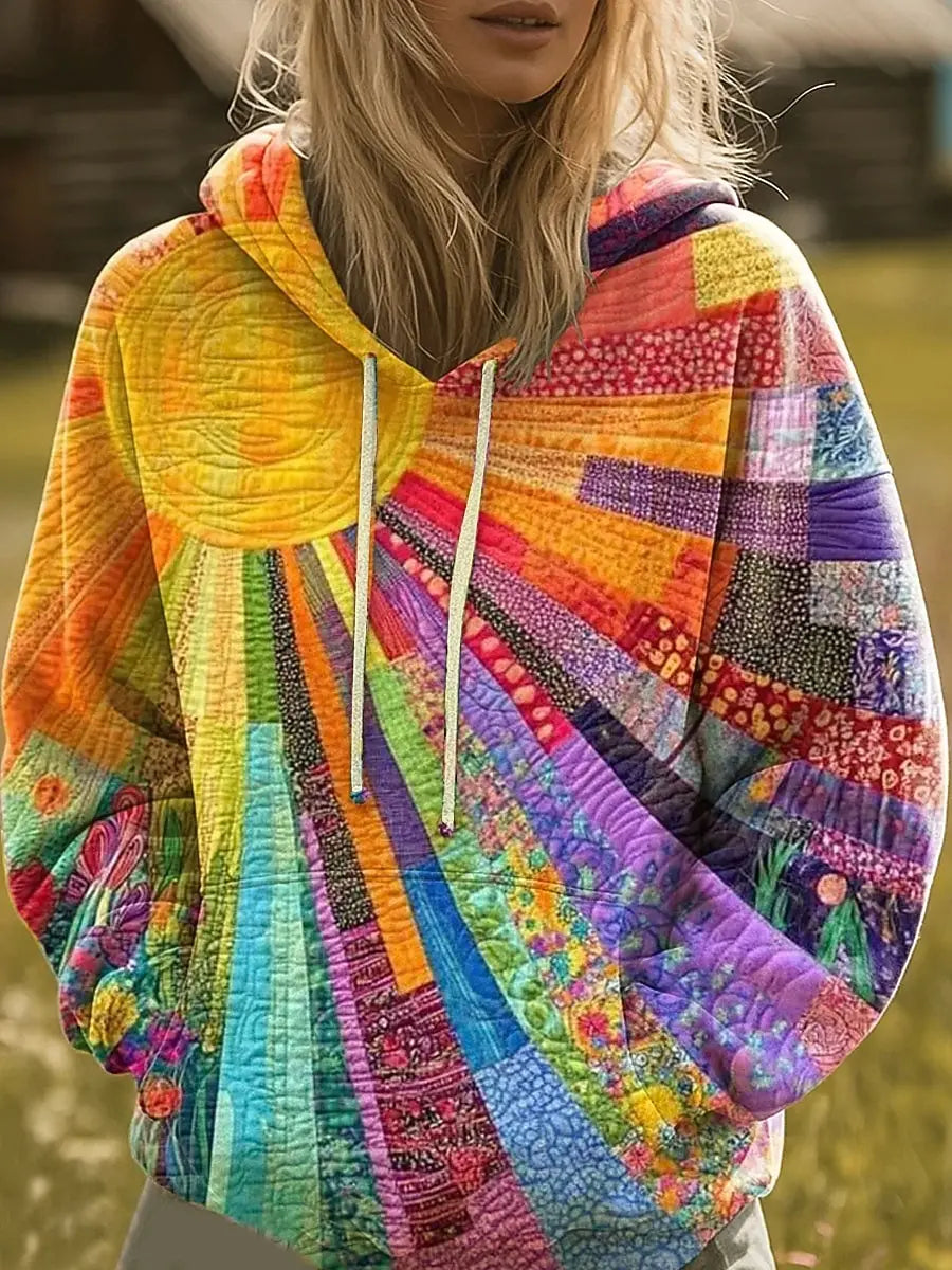 Women's Rainbow Sunburst boho print pullover hoodie
